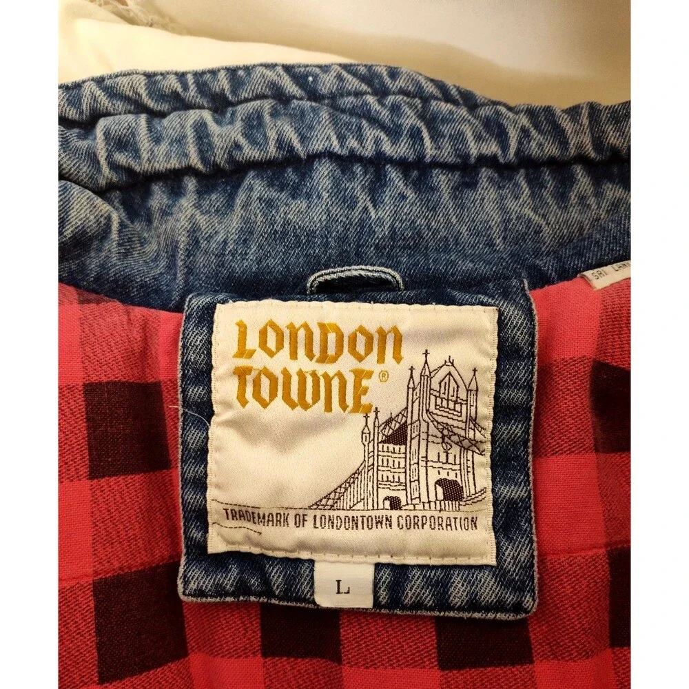 Vtg London Towne Mens Jean Denim Barn Chore Blanket Lined Jacket Sz L Toggle Zip